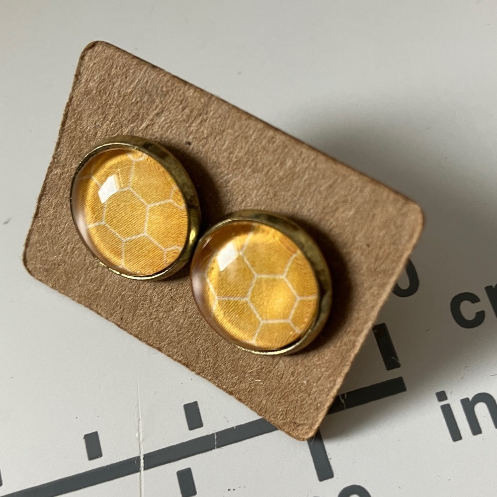 Stud Earrings Handmade Honeycomb pattern yellow round studs